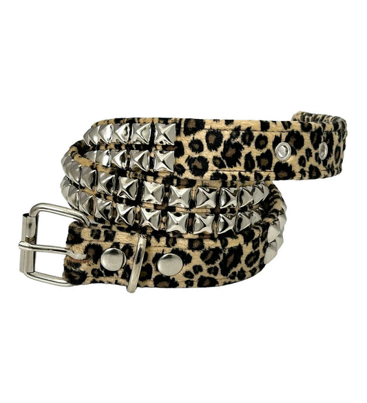 2 Row Pyramid Stud, Brown Leopard/Silver