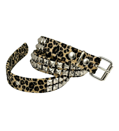 2 Row Pyramid Stud, Brown Leopard/Silver